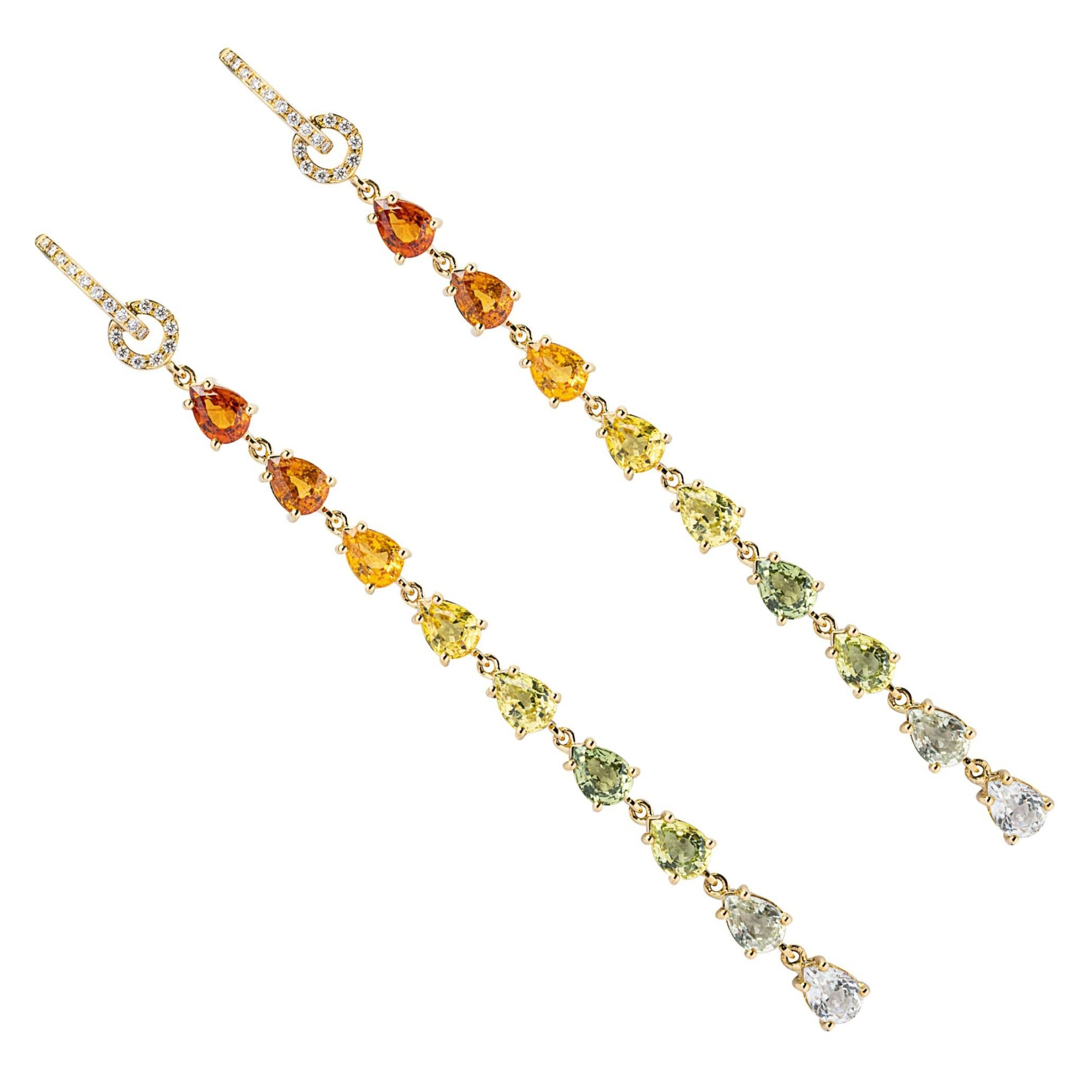 Alex Jona Multicolor Waterfall Sapphire White Diamond 18 K Yellow Gold Earrings