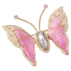 Fei Liu Pink Tourmaline Sapphire Diamond Pearl 18k Rose Gold Butterfly Brooch