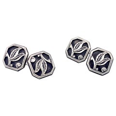 Antique Art Deco Octagonal Silver Cufflinks Leaves