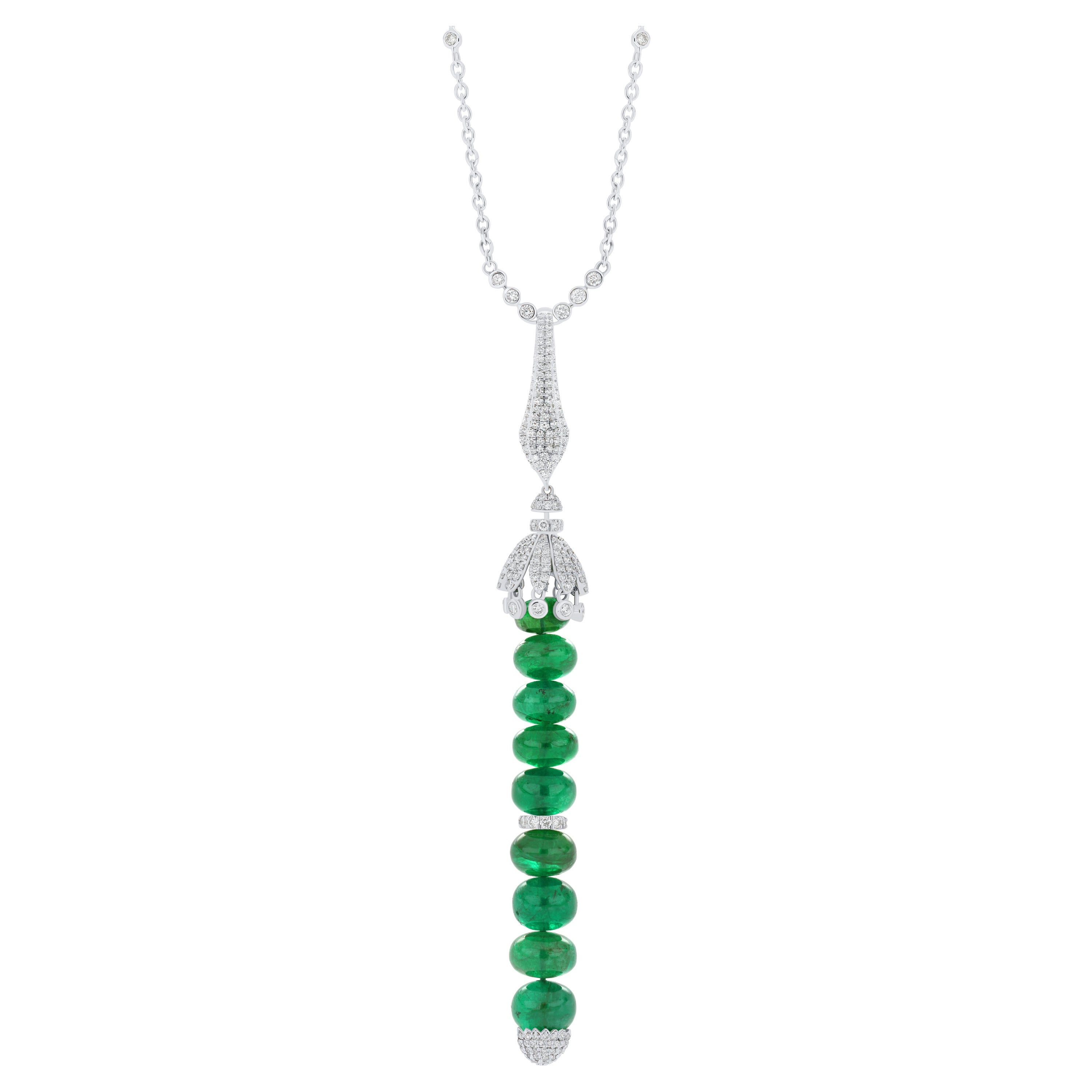 Emerald & Diamond Studded Pendant with Chain 18 Karat White Gold For Sale