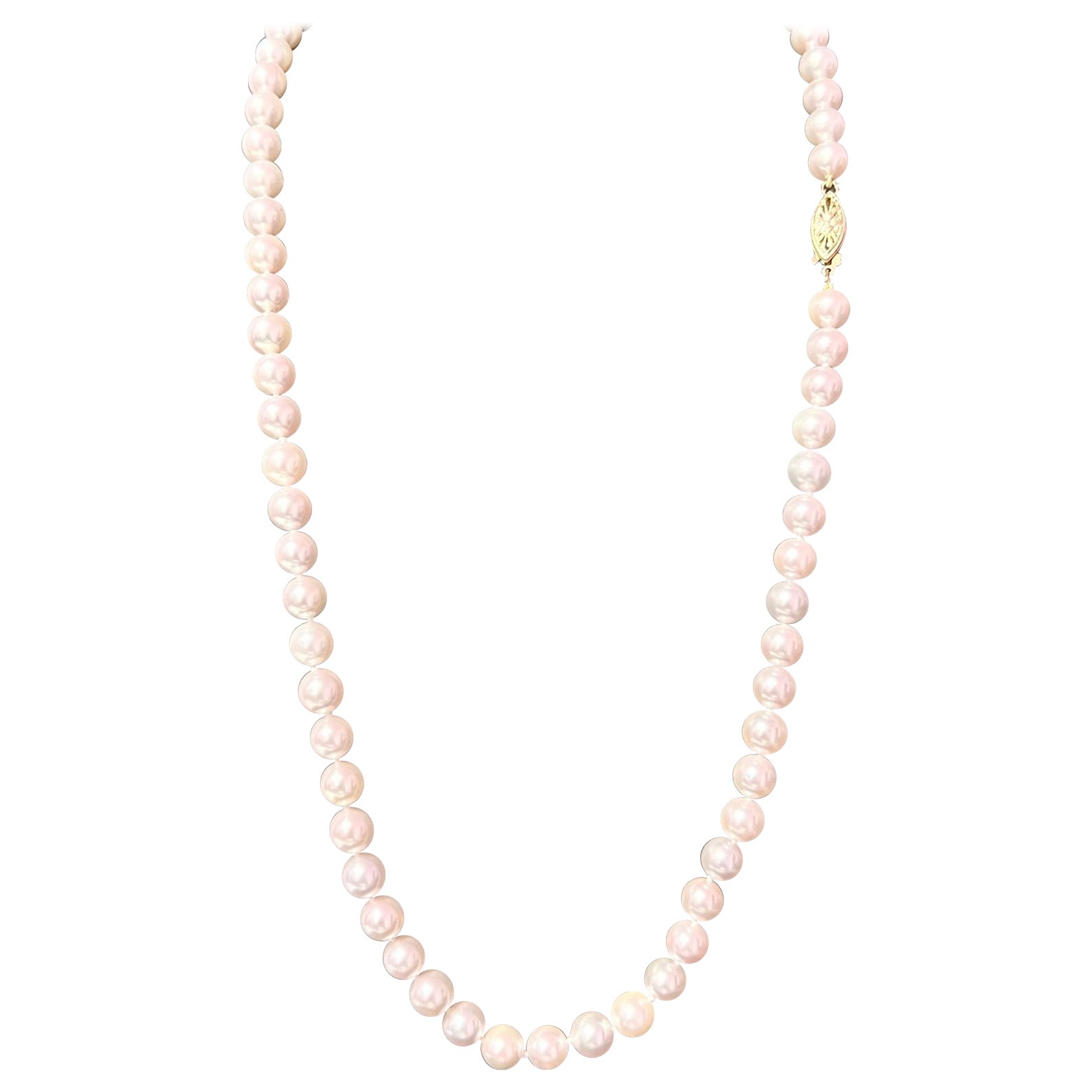 Akoya Pearl Necklace 24" 14k Y Gold 8 mm For Sale