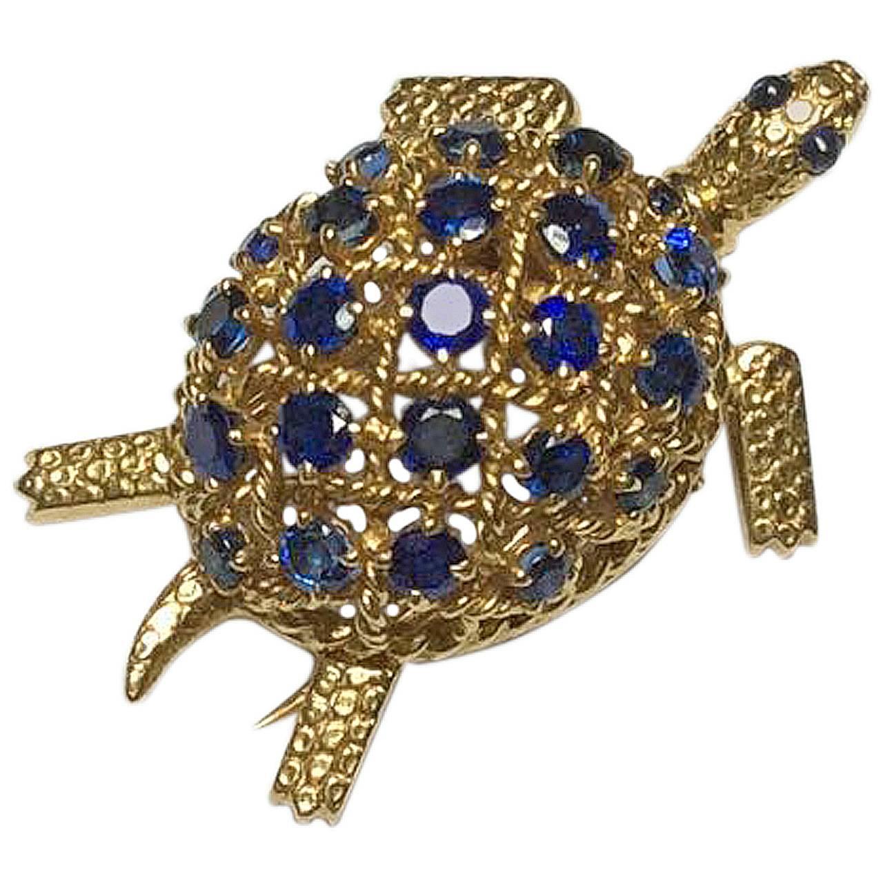1960s Cartier Sapphire Gold Turtle Brooch