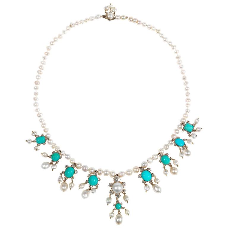 Edwardian Natural Pearl Turquoise Diamond Gold Necklace For Sale