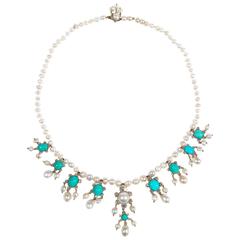 Edwardian Natural Pearl Turquoise Diamond Gold Necklace 2