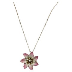 Art Nouveau Pink Enamel Flower Pearl Necklace 14 Karat Gold Pendant Or Brooch