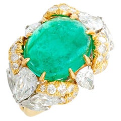 Extremely Unique Columbian Cabochon Emerald & Diamond Ring