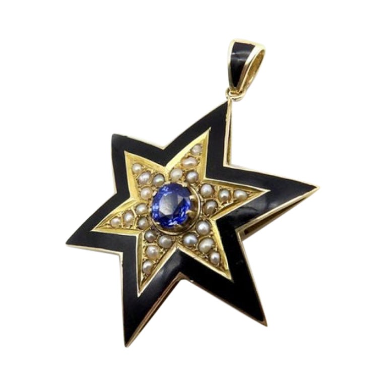 Victorian 14K Gold Star Pendant with Black Enamel, Pearls and Sapphire