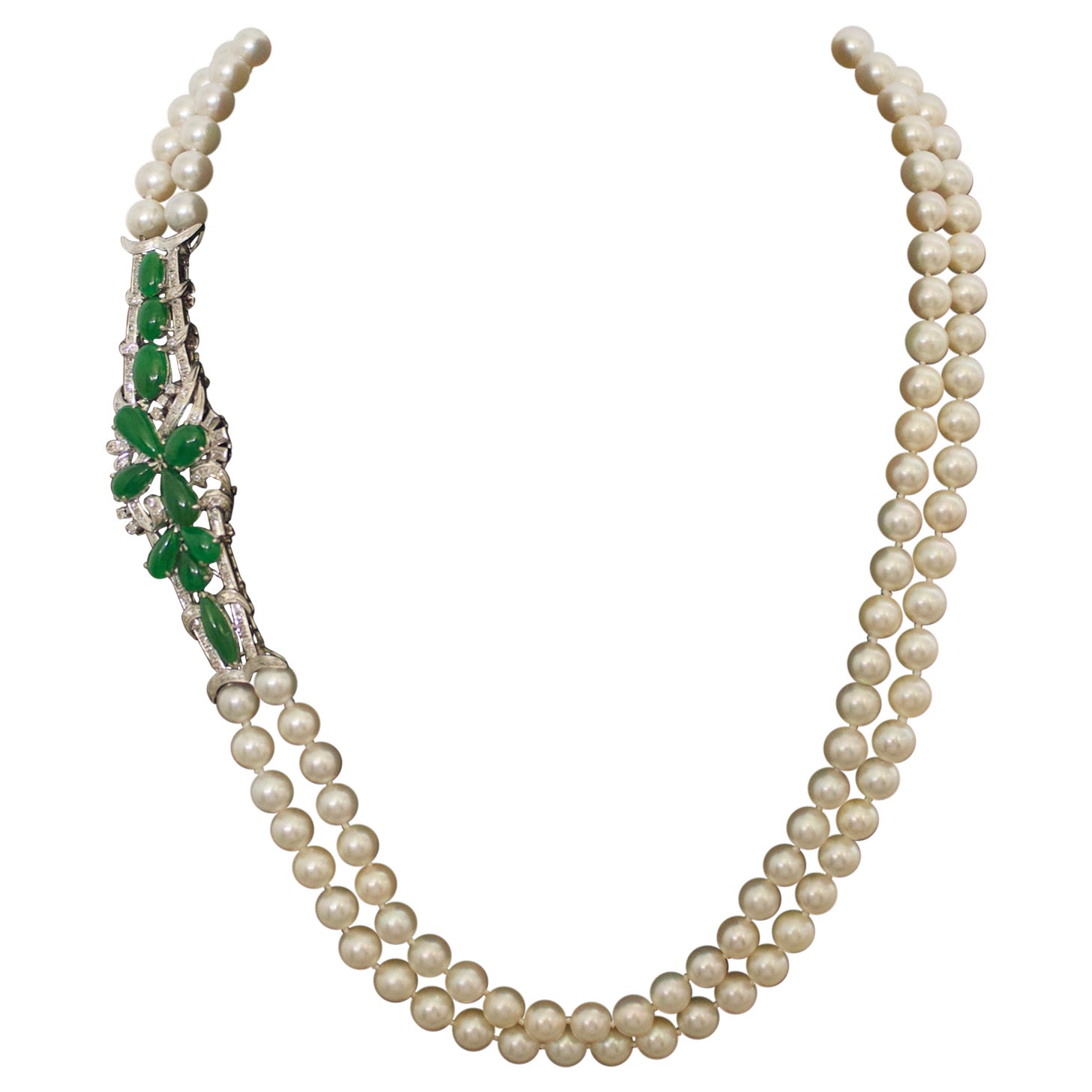 Jade Diamond and Pearl Strand Necklace Circa 1950's For Sale