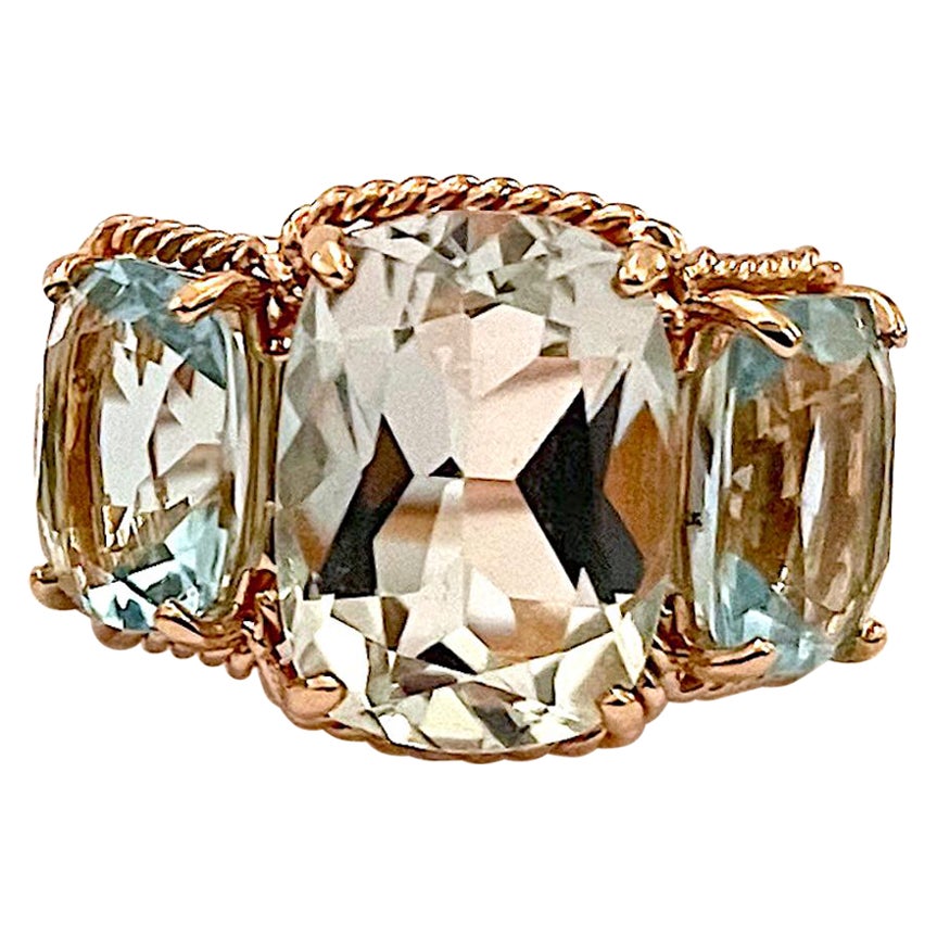 Rose Gold Three-Stone Green Amethyst and Blue Topaz Ring with Rope Twist Border