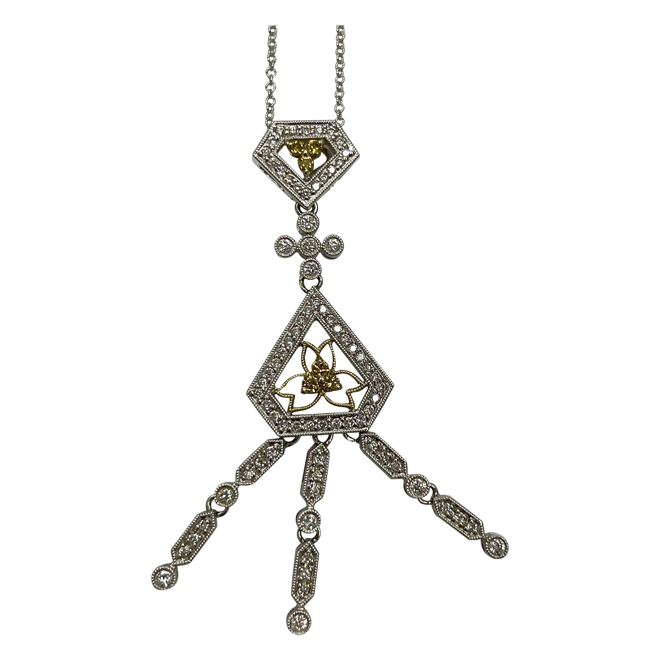 Elegant White and Yellow Diamonds in White Gold Dangling Pendant For Sale