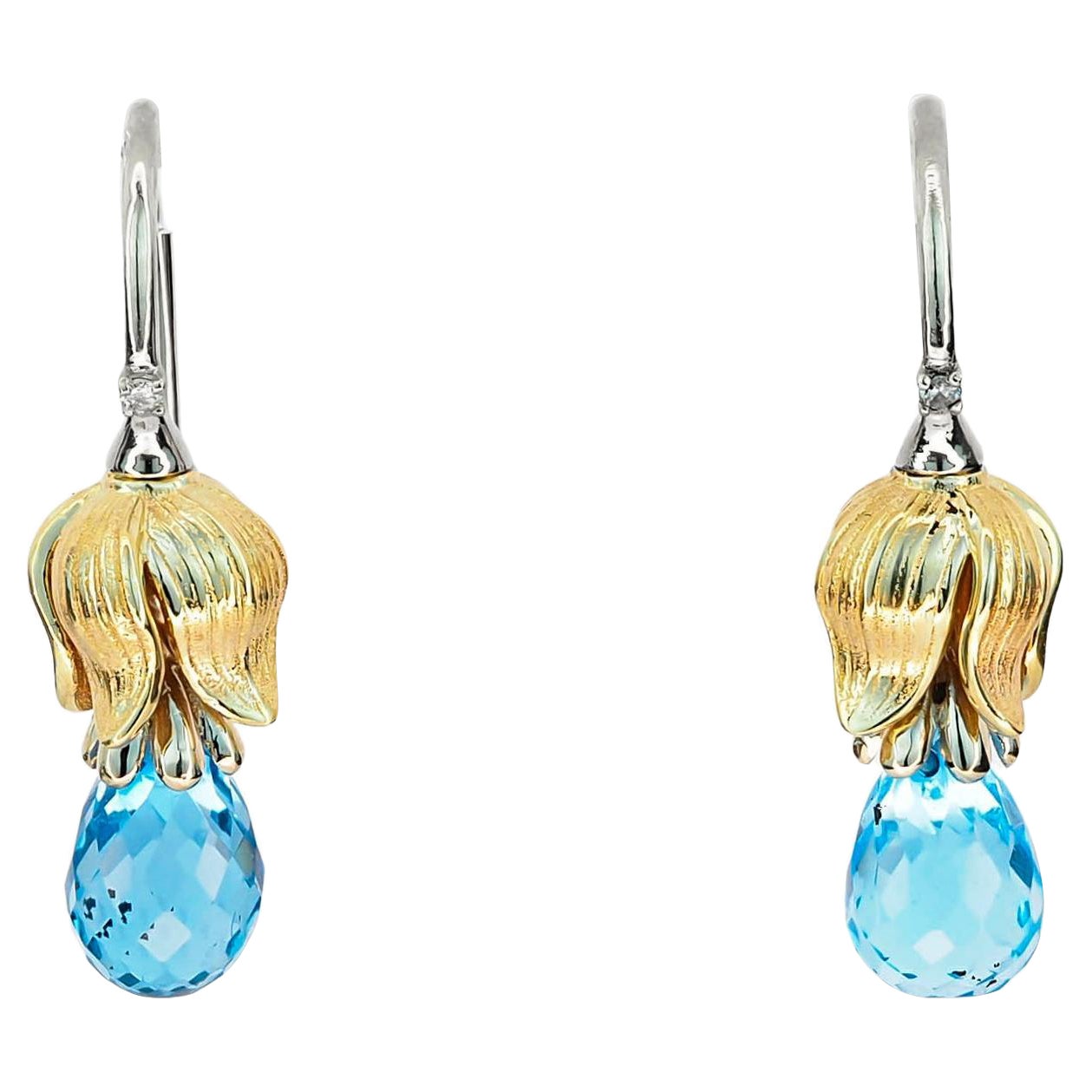 Topaz Earrings in 14k Gold, Briolette Topaz Earrings, Flower Earrings For Sale