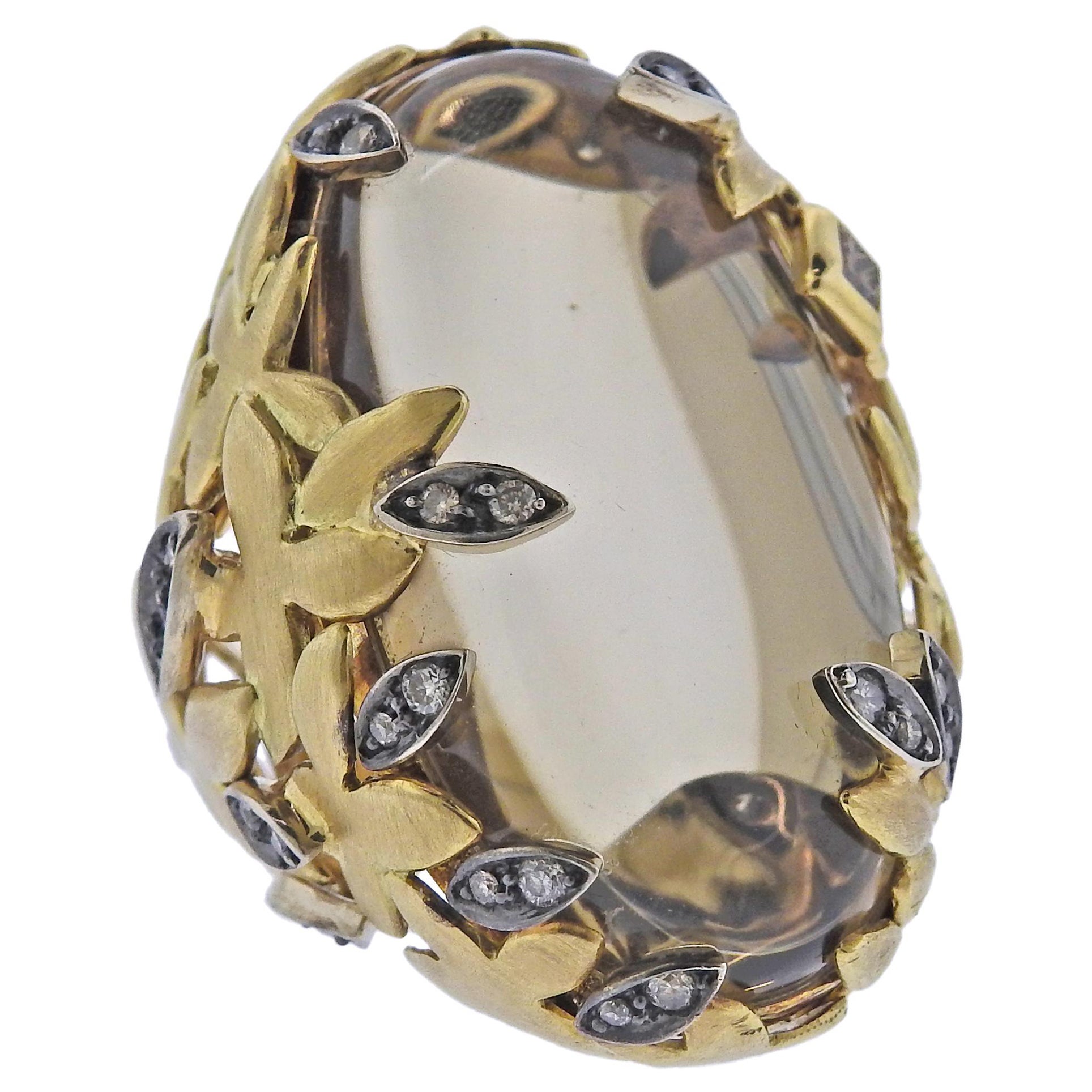 H. Stern Diamond Quartz Leaf Gold Cocktail Ring For Sale