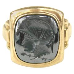 1930s Hematite Gold Intaglio Warrior Ring 5
