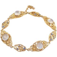 Arts and Crafts Sapphire Moonstone Gold Bracelet