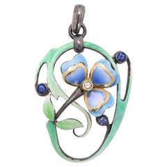 Nouveau Enamel Pendant Sterling Silver and 18 Karat Gold