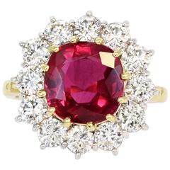 3.03 Carat Cushion Cut Burma Ruby Diamond Two-Color Gold Ring