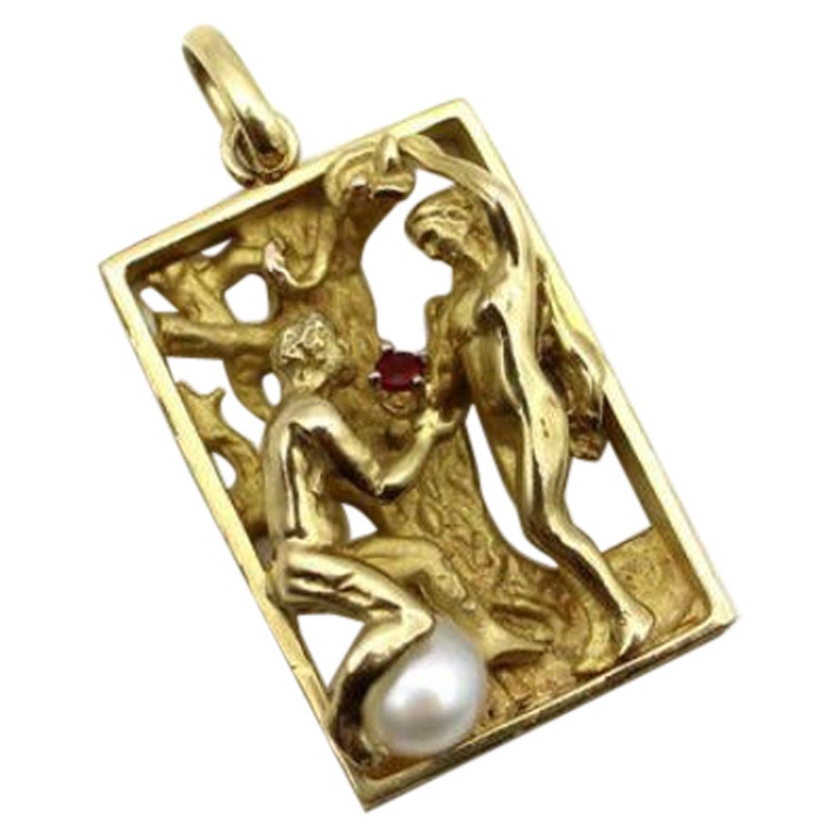 Vintage 14K Gold Figural Adam and Eve Pendant with Ruby and Pearl For Sale