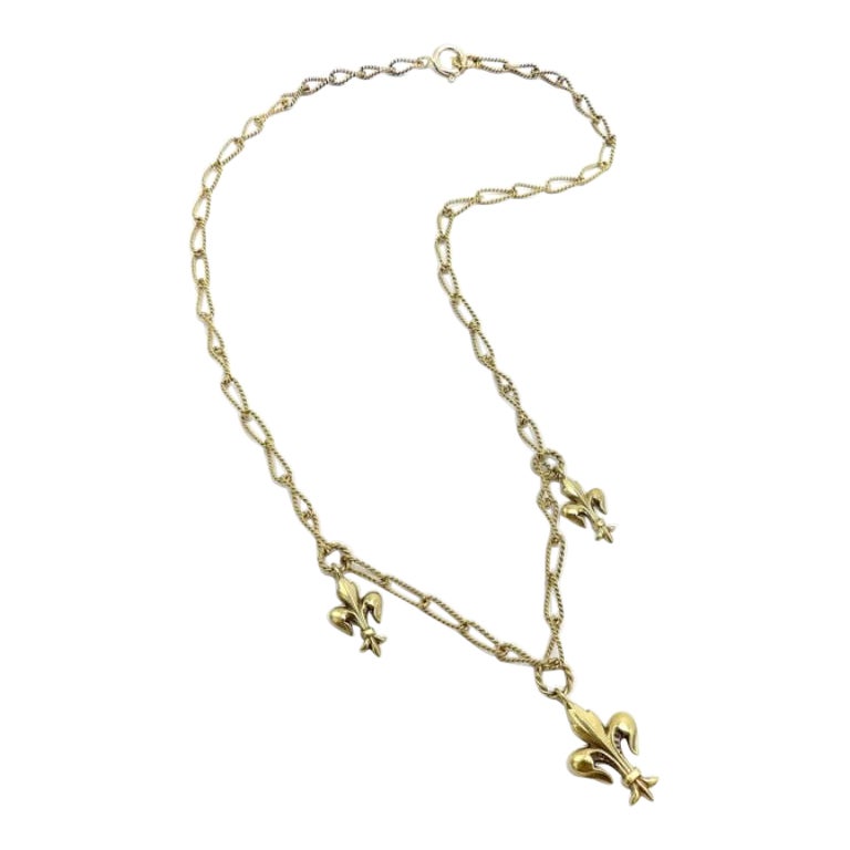 Victorian 14K Gold Fleur-De-Lis Necklace with Handmade Chain For Sale