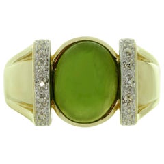 Estate Green Jade Diamond 14k Yellow Gold Ring