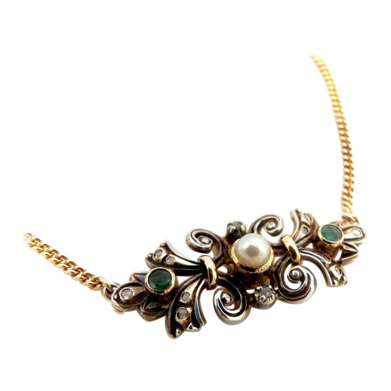 Victorian 18K Gold & Silver Necklace W/ Emeralds, Pearl & Diamonds