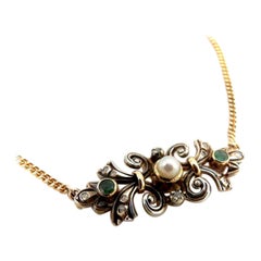 Antique Victorian 18K Gold & Silver Necklace W/ Emeralds, Pearl & Diamonds