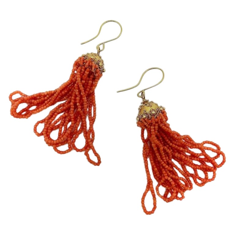 18K Gold Etruscan Revival Victorian Natural Coral Bead Earrings For Sale