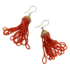18K Gold Etruscan Revival Victorian Natural Coral Bead Earrings