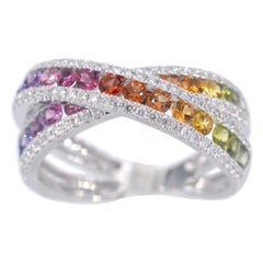 White Gold Ring with Diamonds and Multicolour Sapphires