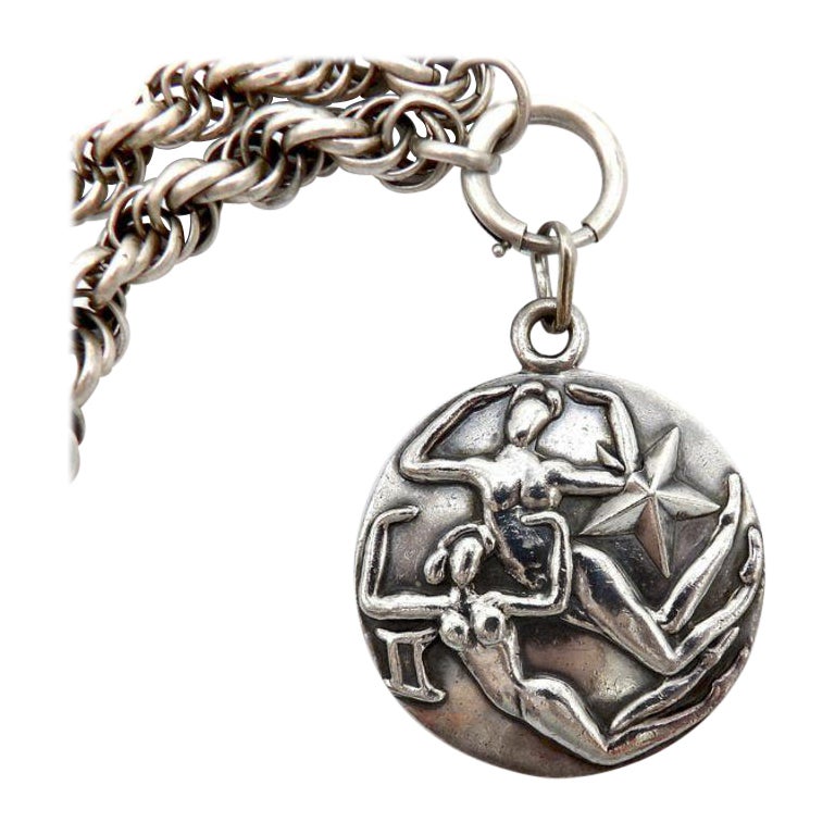 Margot De Taxco Zodiac Sterling Silver Gemini Pendant Medallion, circa 1950 For Sale