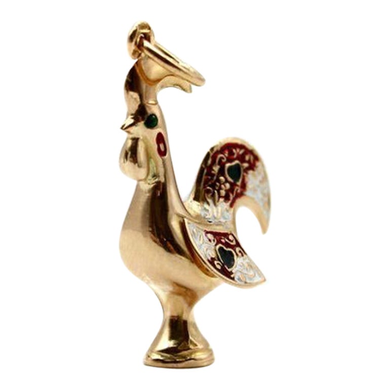 Portuguese 19.2 K Gold Rooster Charm with Enamel For Sale
