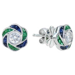 Round Cut Diamond with Emerald and Sapphire Floral Stud Earrings in 18K Gold