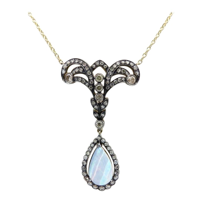 Vintage 14K Gold Diamond & Opal Necklace For Sale