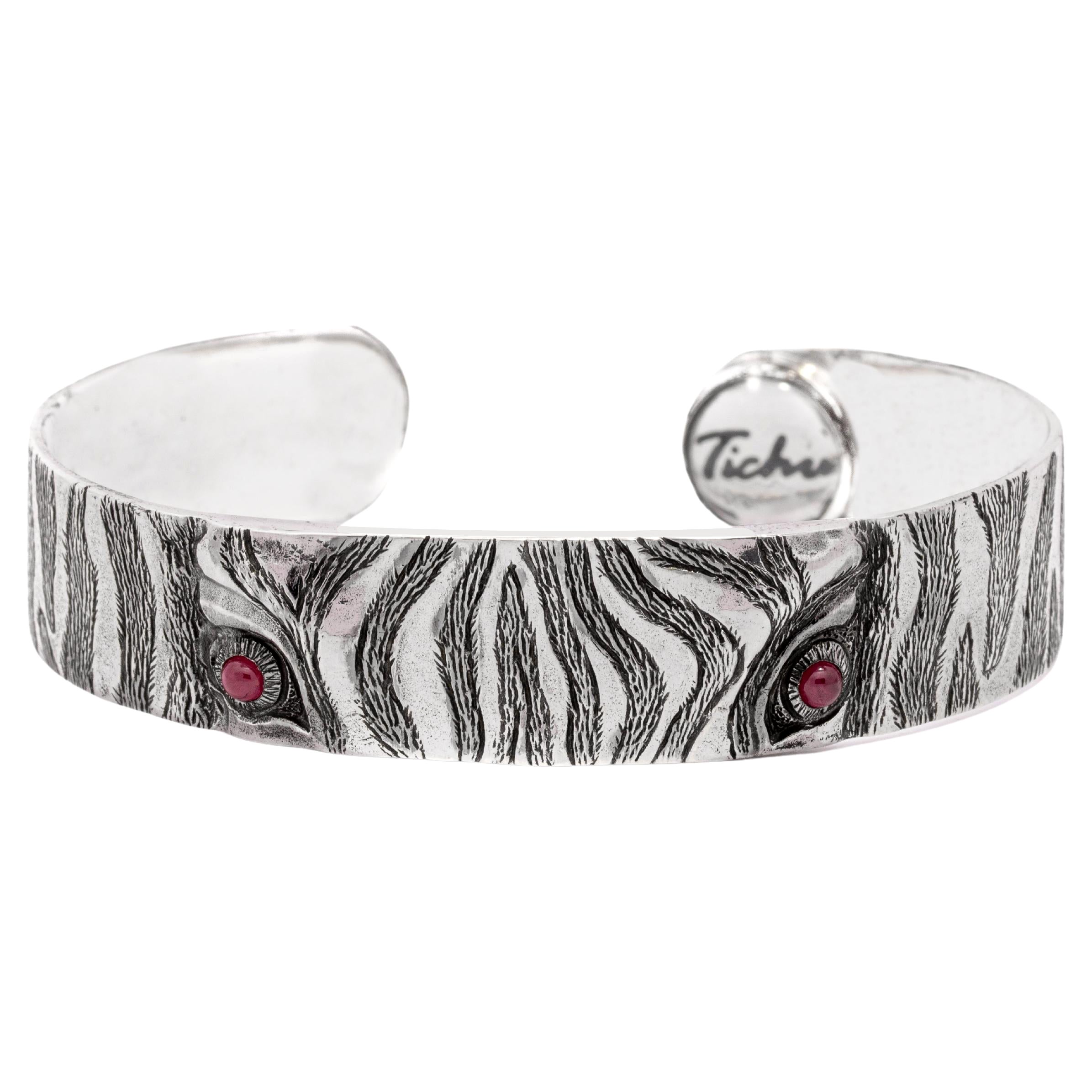 Tichu Ruby Zebra Eye Cuff Sterling Silver and Crystal Quartz Size L For Sale