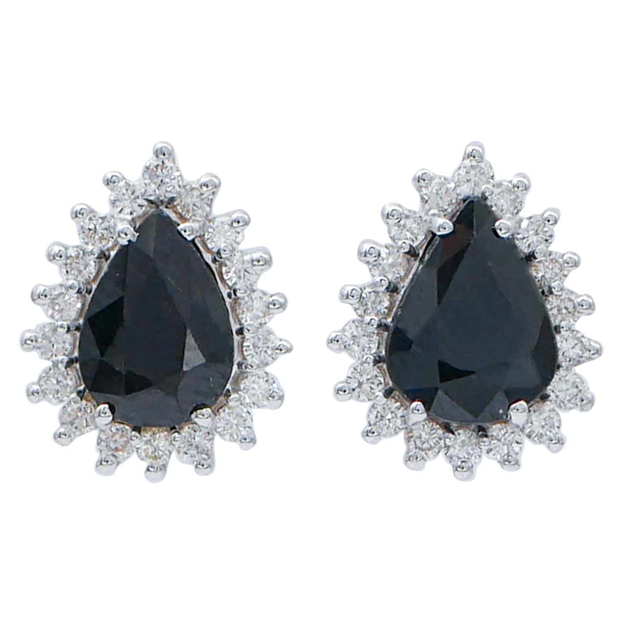 Sapphires, Diamonds, 18 Karat White Gold Stud Earrings For Sale