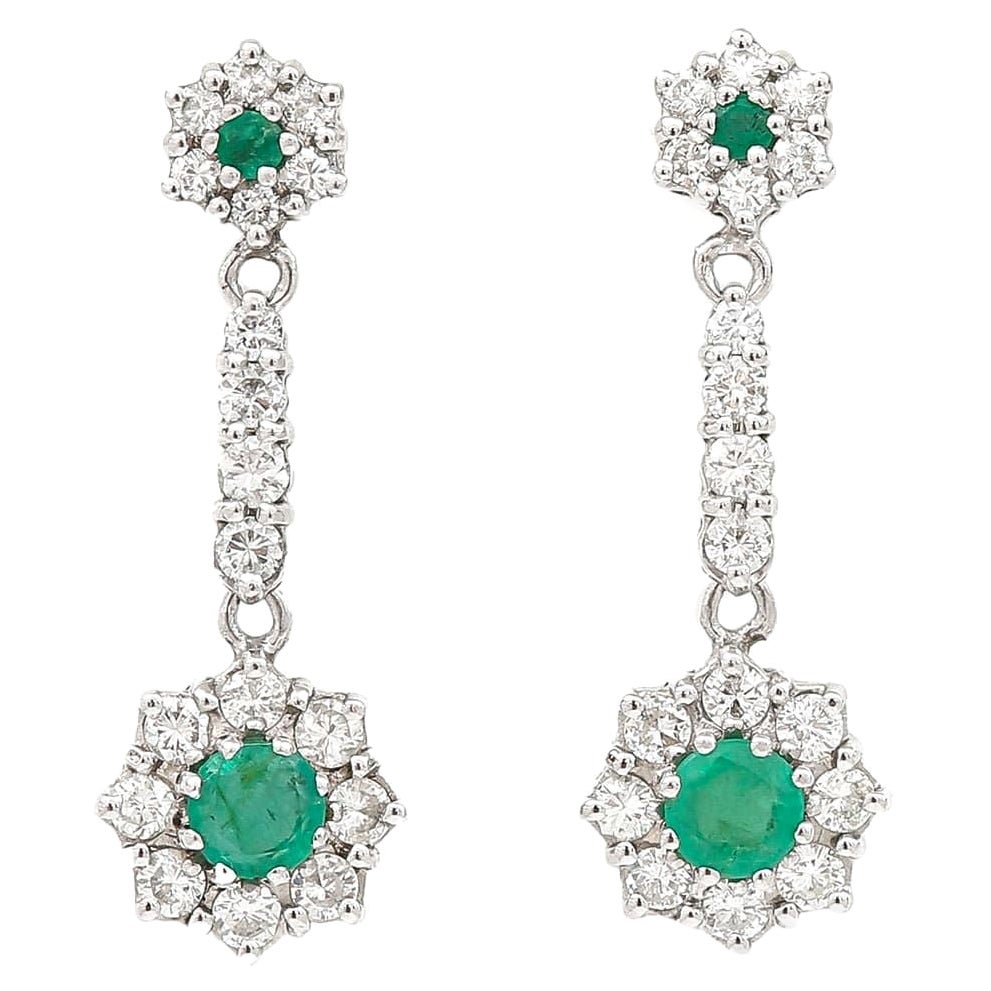 18ct White Gold Emerald and Diamond Drop Earrings For Sale