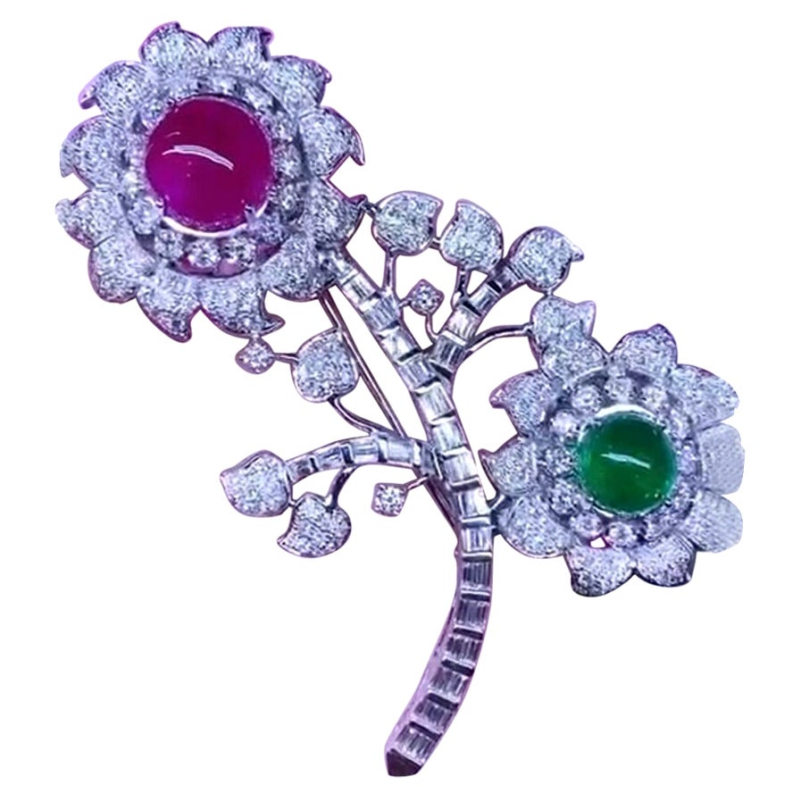 Gorgeous 26, 88 Carats of Ruby, Emeralds, Diamonds on Brooch For Sale