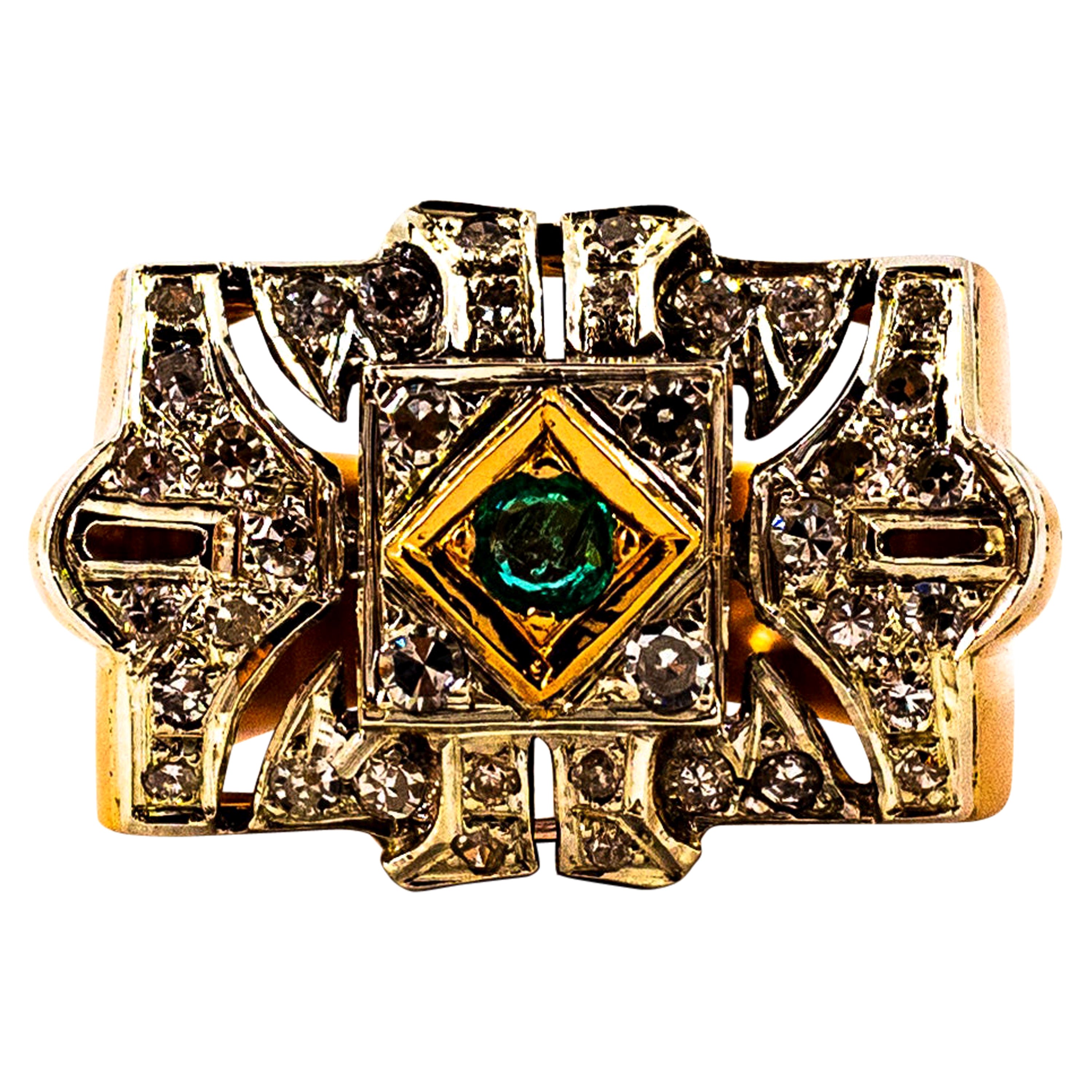 Art Deco Style 0.60 Carat White Diamond Emerald Yellow Gold Cocktail Ring