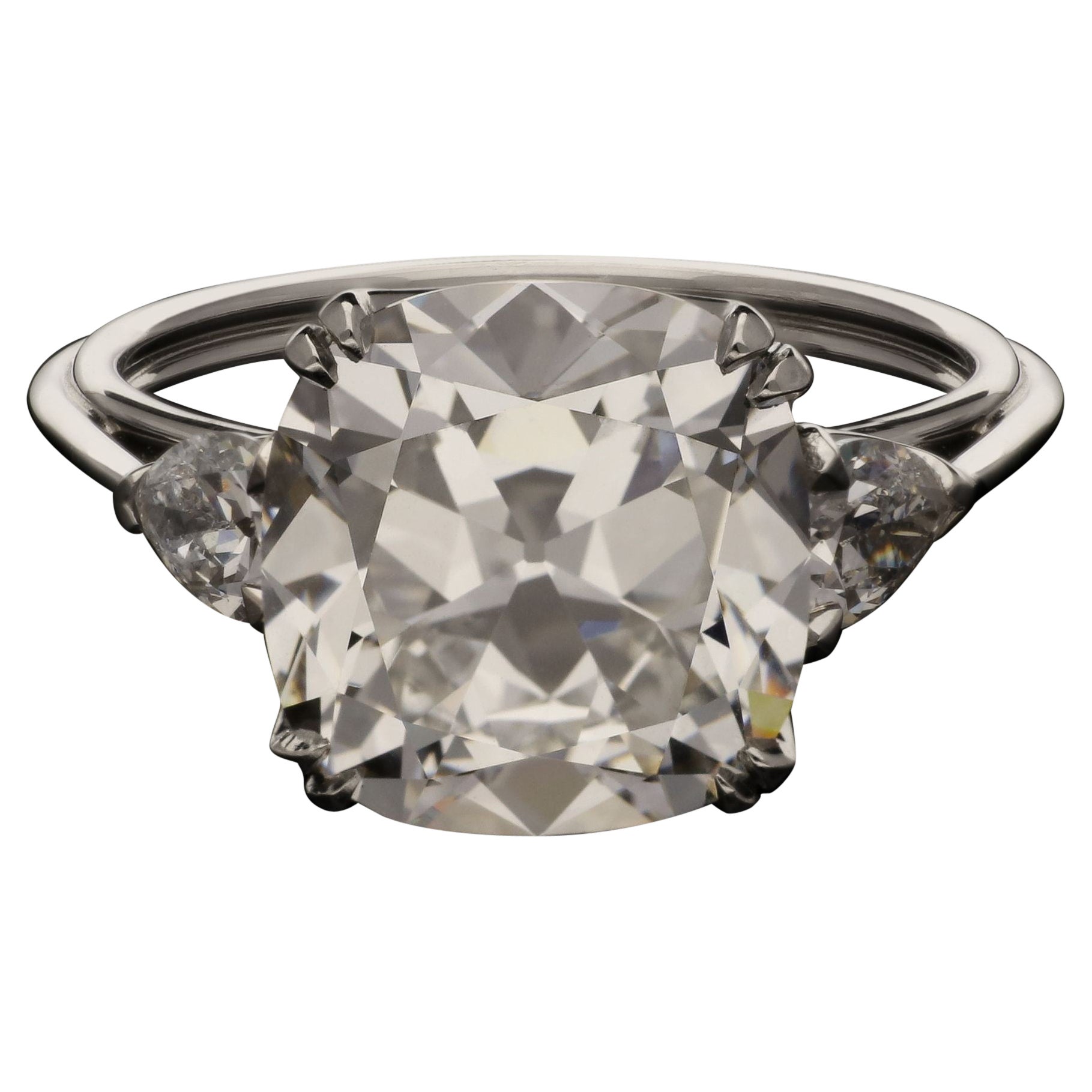 4.63ct Old Mine Brilliant Cut Diamond Ring with Pear Shape Shoulders For Sale