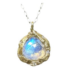 One of a Kind 14K Yellow Gold Moonstone with Diamonds Necklace
