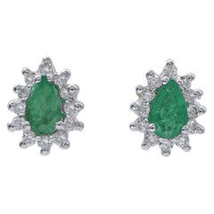 Emeralds, Diamonds, 18 Karat White Gold Stud Earrings.
