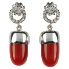 Red Italian Coral Diamond White Gold Hand Made Earrings
