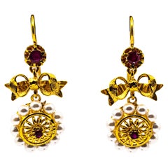 Art Deco Style Micro Pearls 0.30 Carat Rubies Yellow Gold Drop Stud Earrings