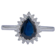 Gota Zafiro, Diamantes, Anillo Moderno Oro Blanco 18 Kilates