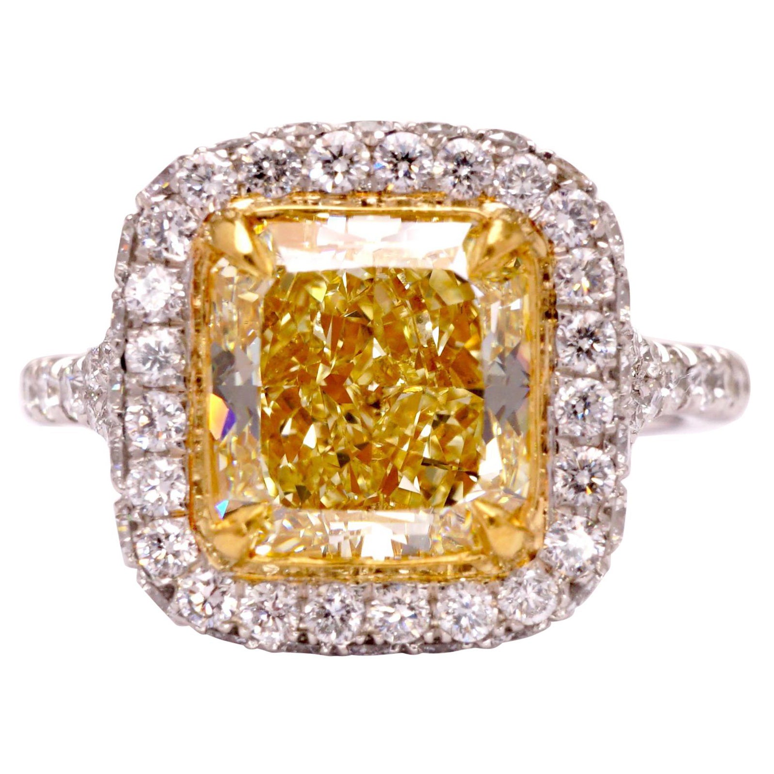 Certified Fancy Yellow Radiant 2.84 Ct Diamond Cocktail Ring Set in Platinum