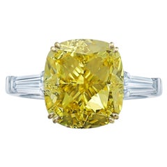 GIA Certified 5 Carat Fancy Light Yellow Cushion Diamond Platinum Ring VS1 