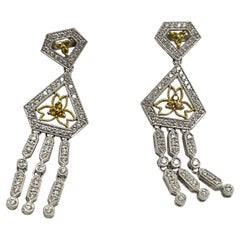 White and Yellow Diamond in White Gold and Yellow Gold Dangling Earrings