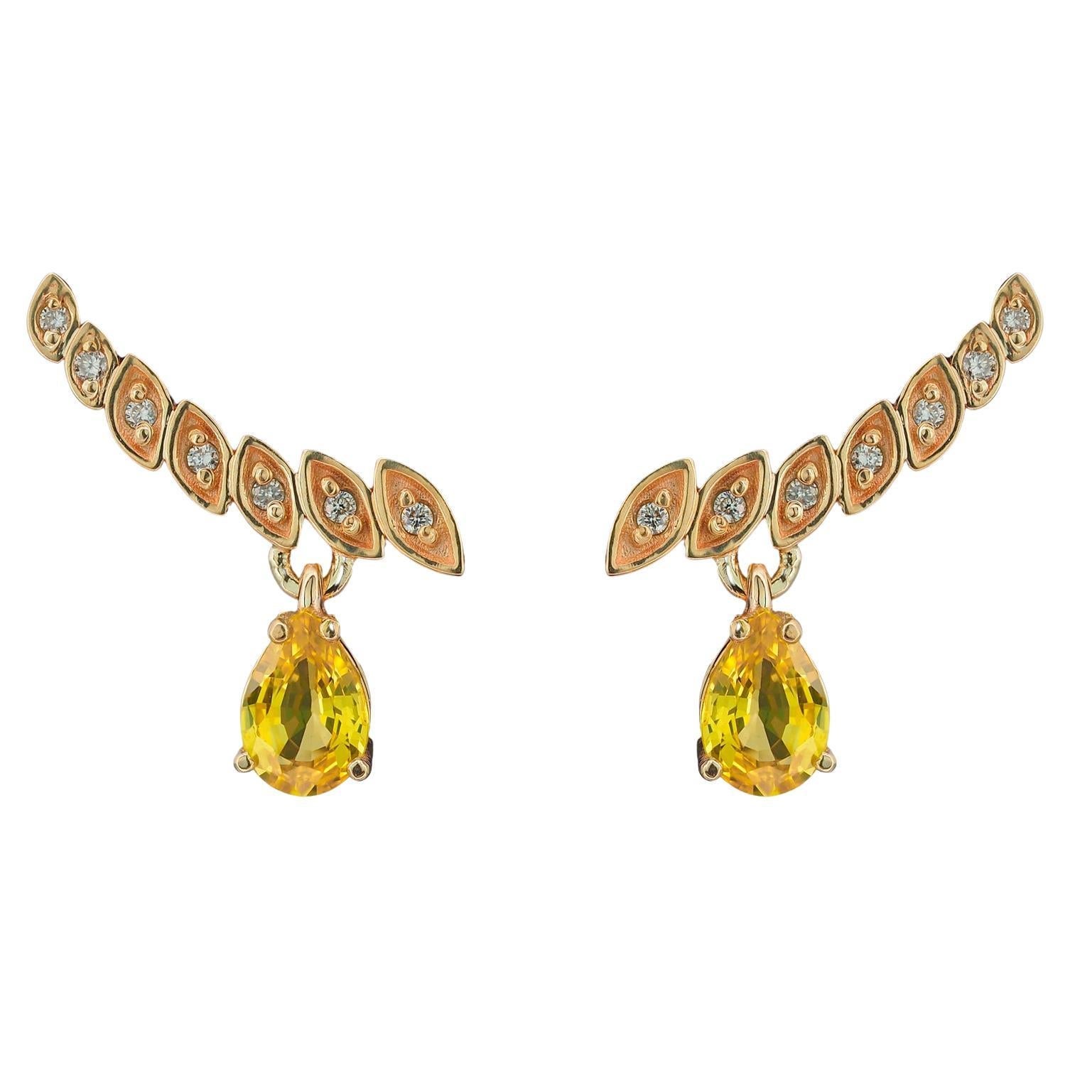 14k Gold Earrings with Pear Sapphires and Diamonds For Sale