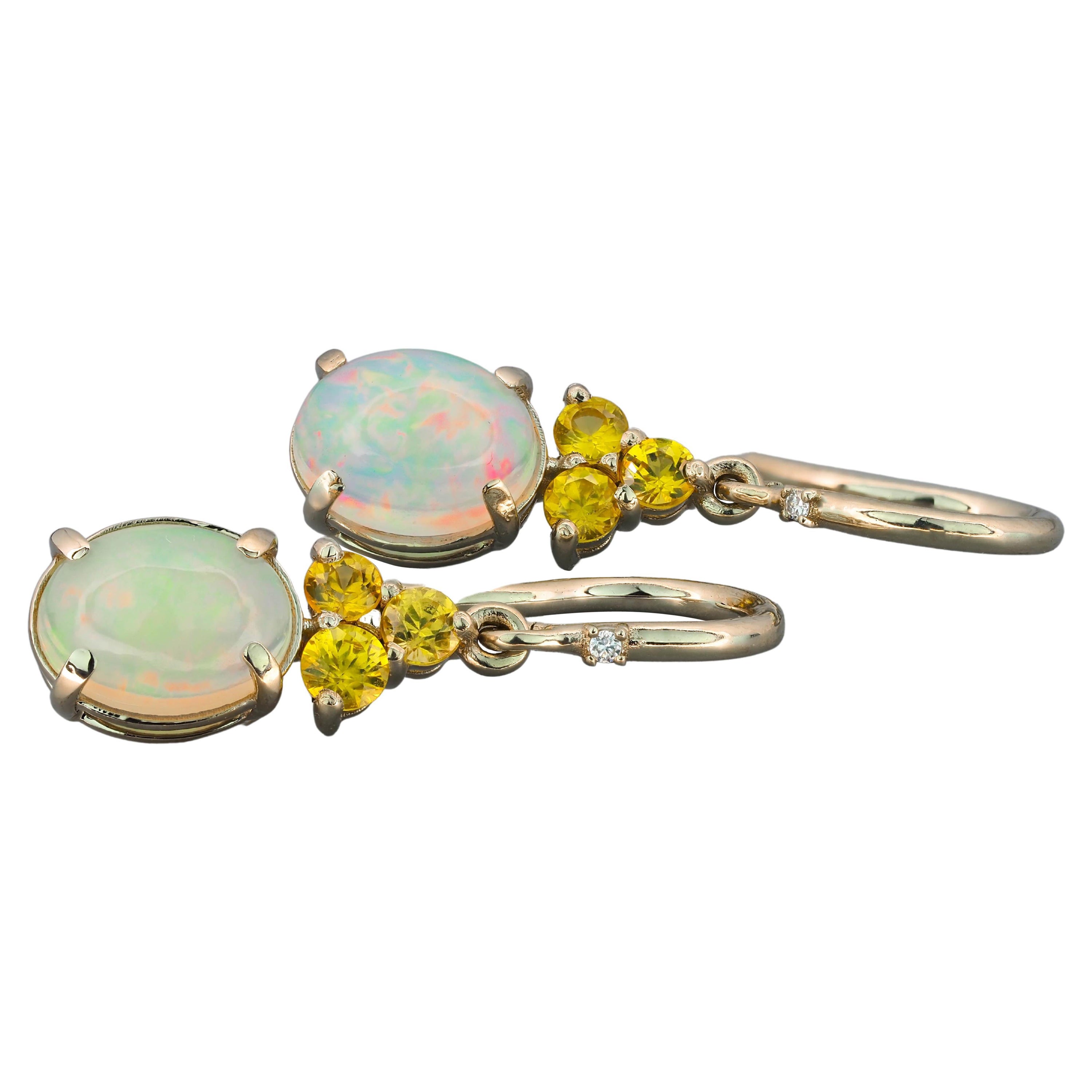 14 K Gold Earrings with Opals, Diamonds and Sapphires For Sale