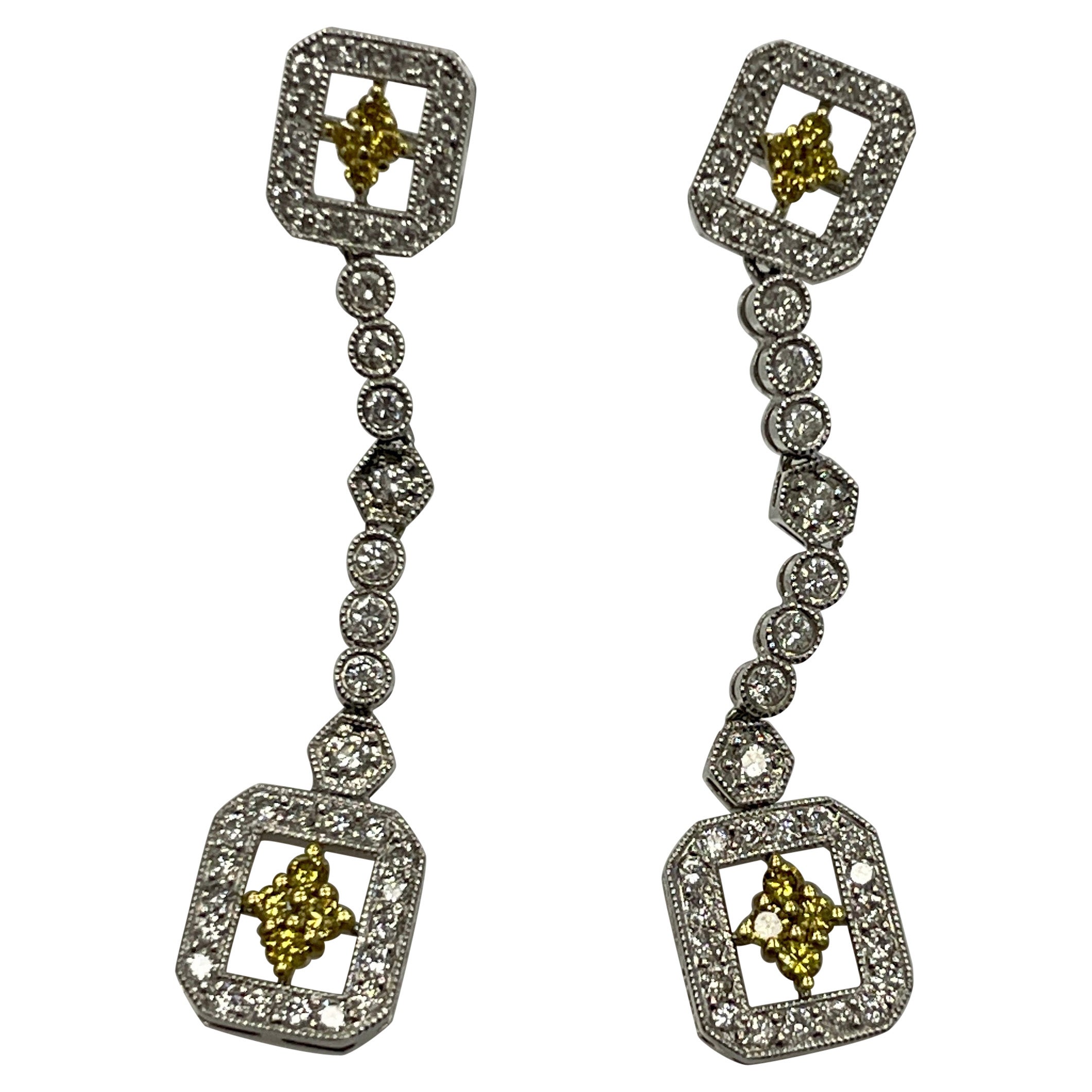 White and Yellow Diamond in White Gold and Yellow Gold Dangling Earrings For Sale