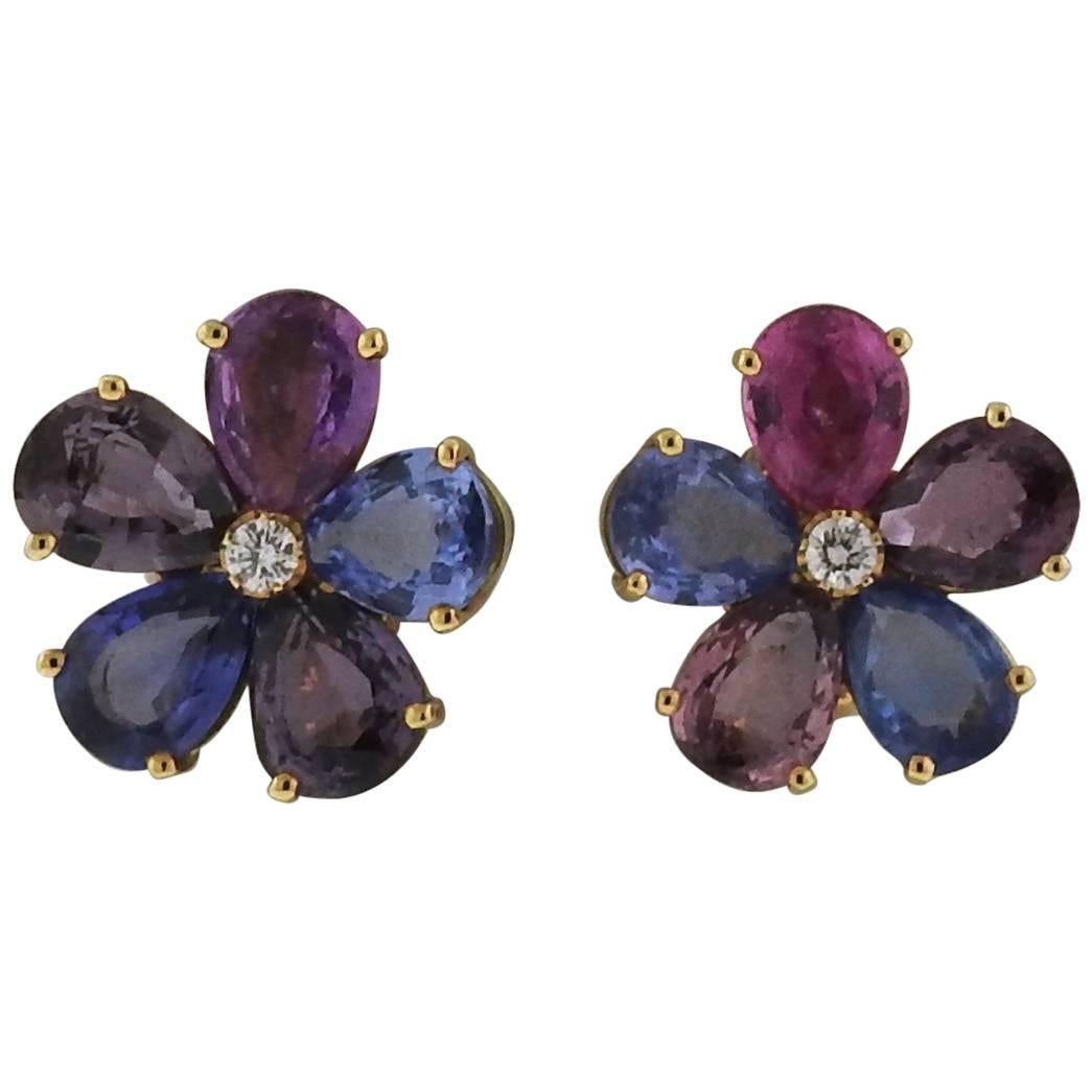 Bulgari Multi Color Sapphire Diamond Gold Flower Earrings